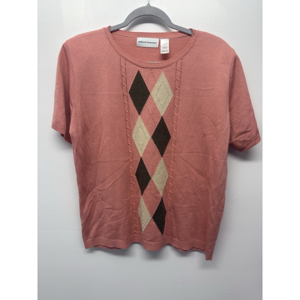 Alfred Dunner Sweater Womens Large Pink Argyle Short Sleeve Pullover Vintage #44